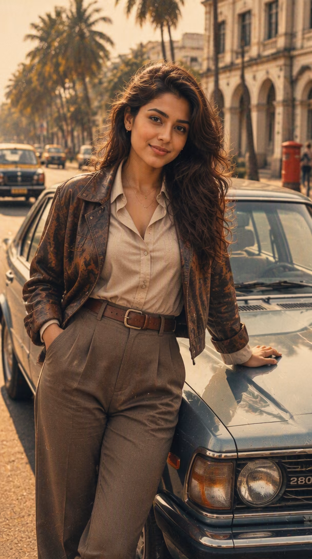 1980s fashion portrait beside a classic car