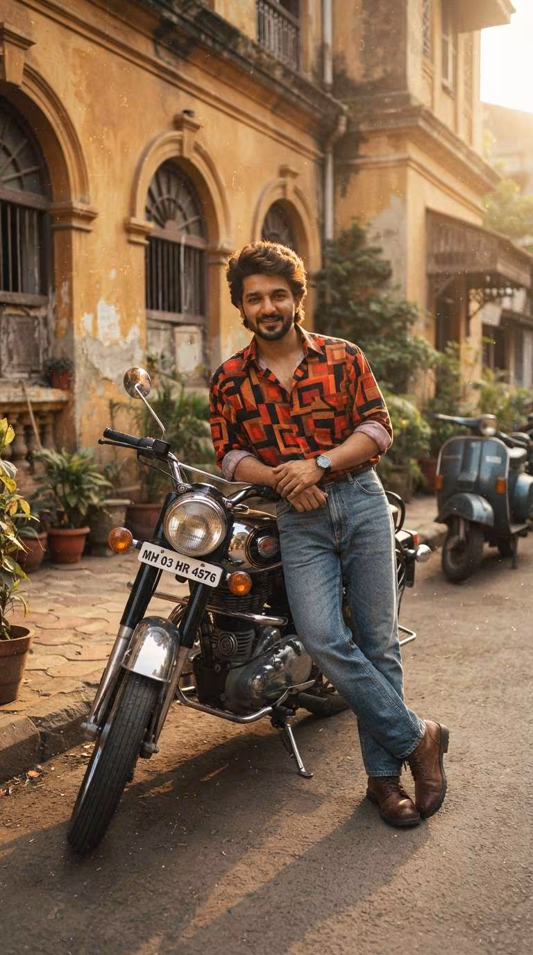 1980s street-fashion portrait with a motorcycle