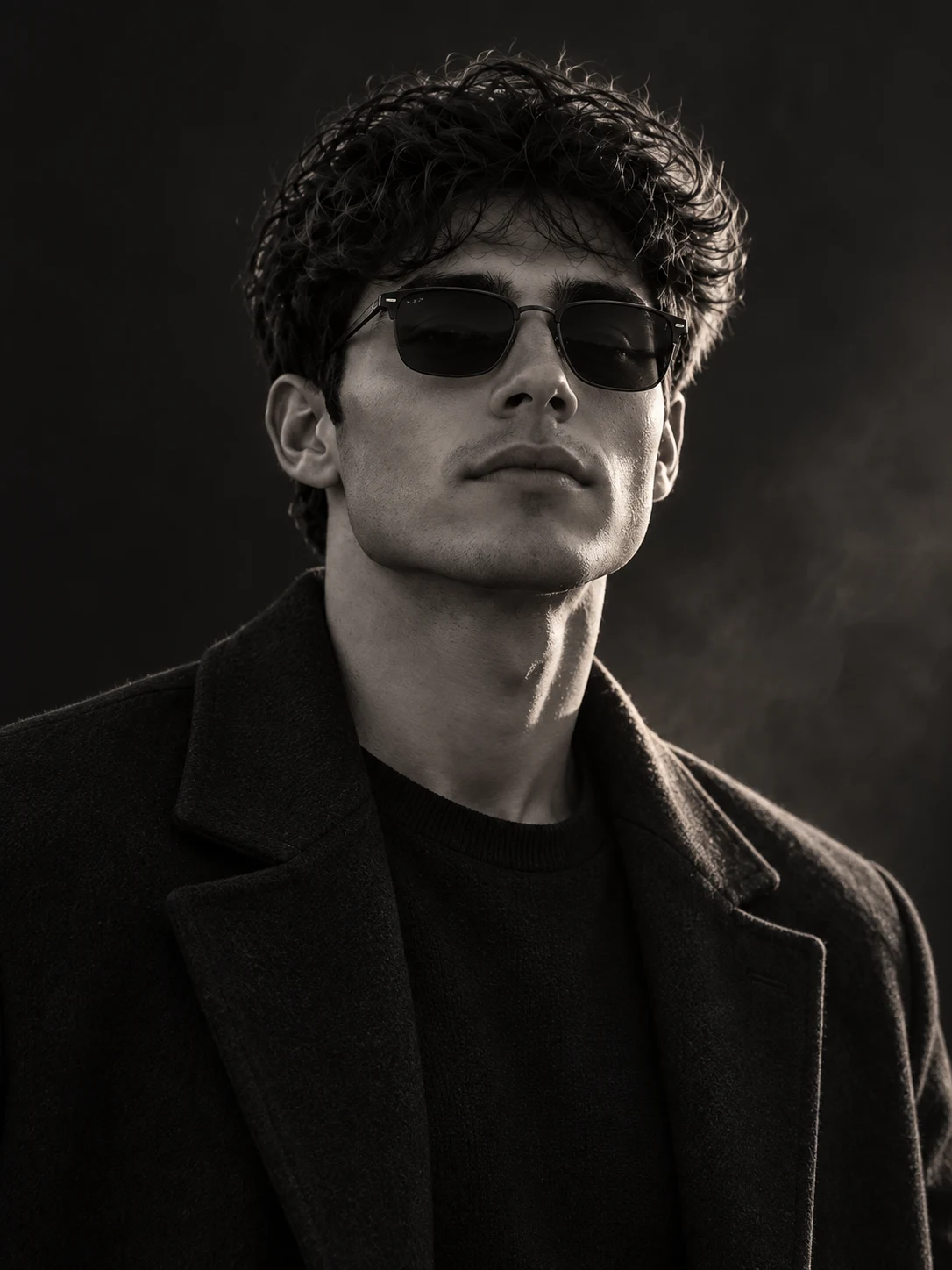 Monochrome cinematic portrait of a stylish young man wearing sunglasses
