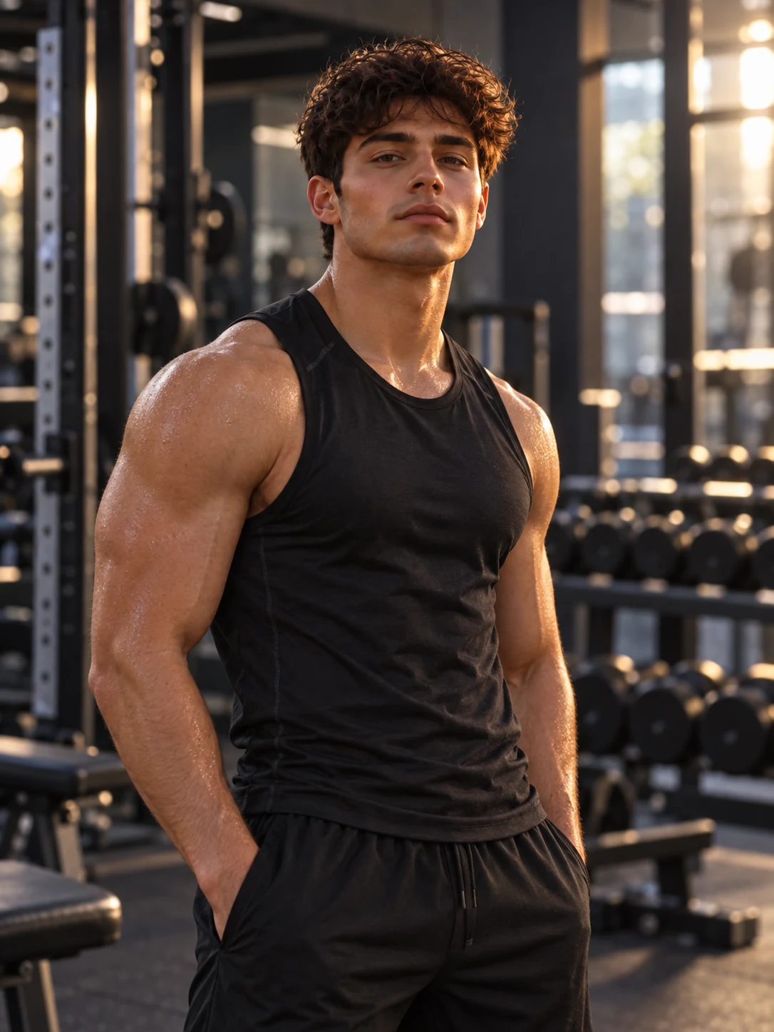 Fit young man in black gym wear inside a modern fitness studio