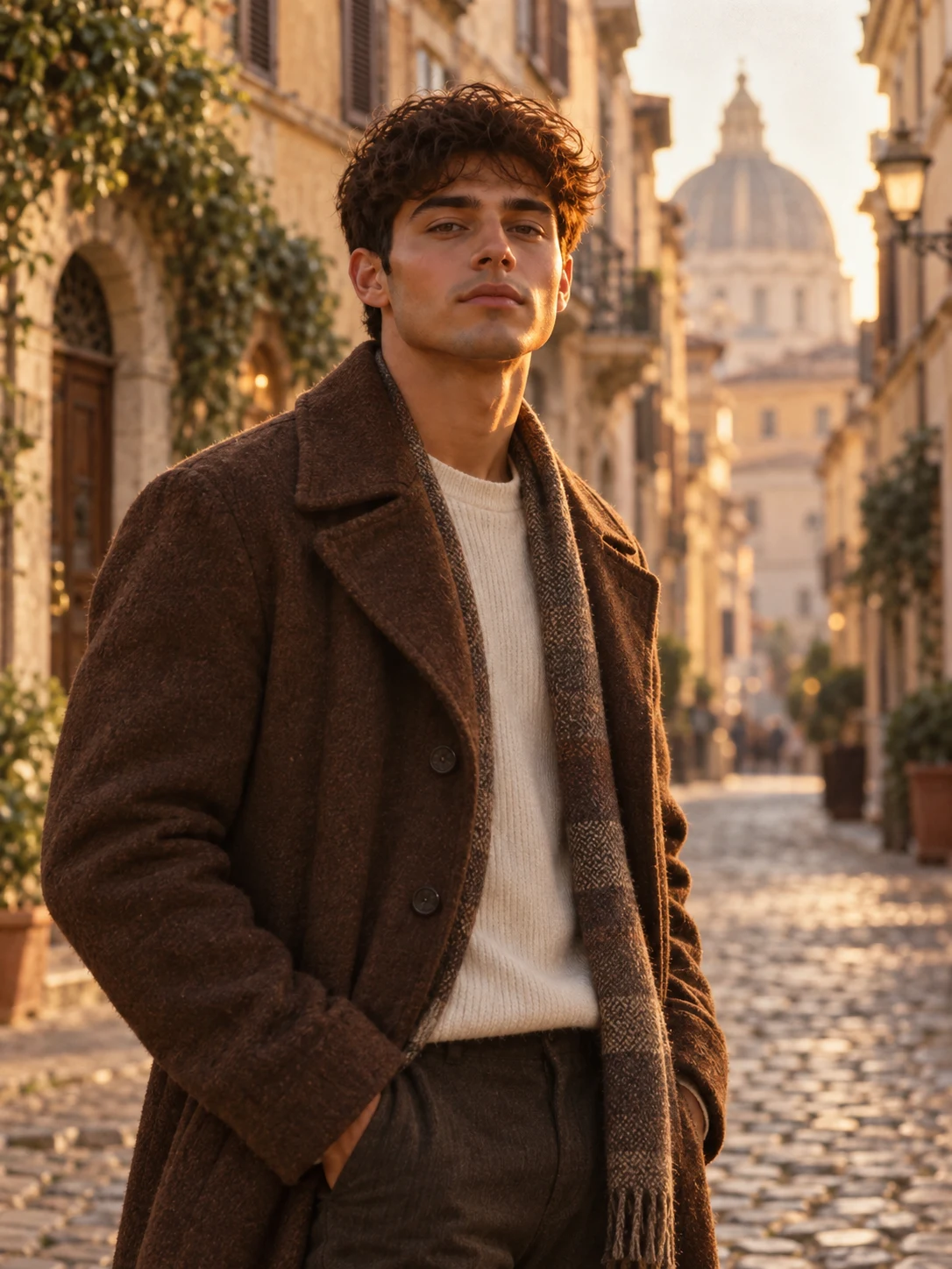 Young man in a brown vintage coat on an old European street