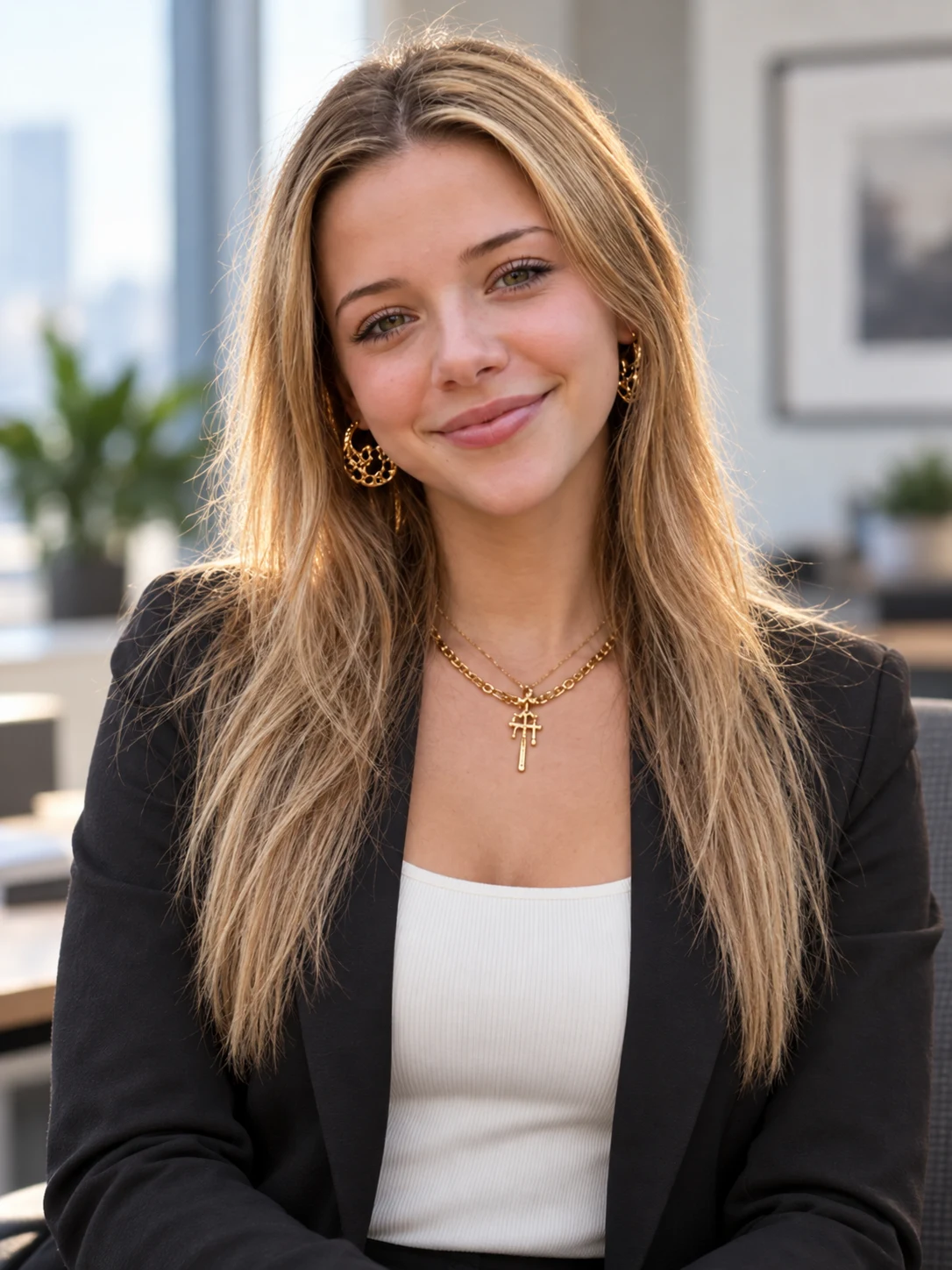 Realistic professional headshot of an adult businesswoman in a modern office