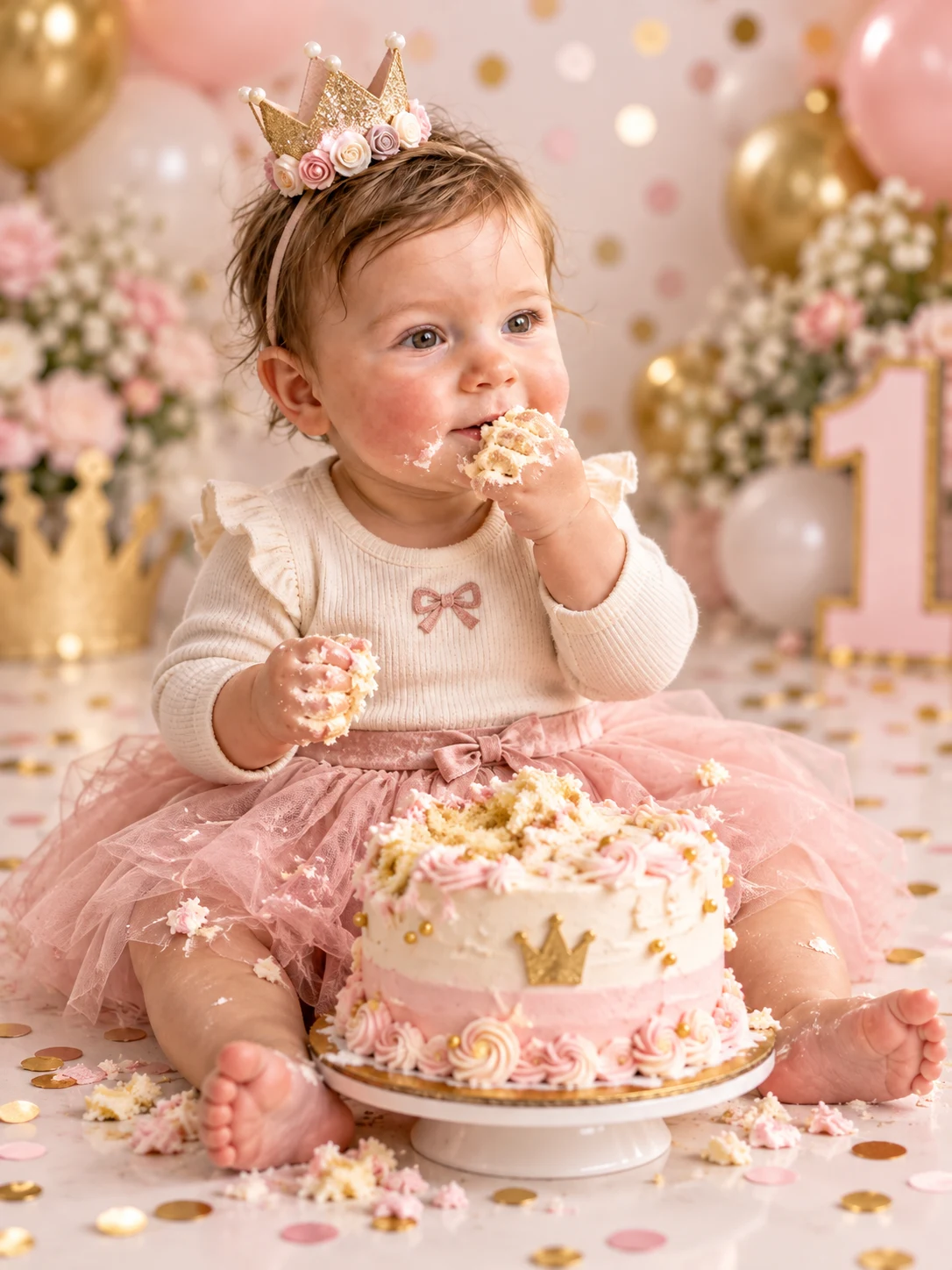 Baby princess enjoying a first-birthday pastel cake smash