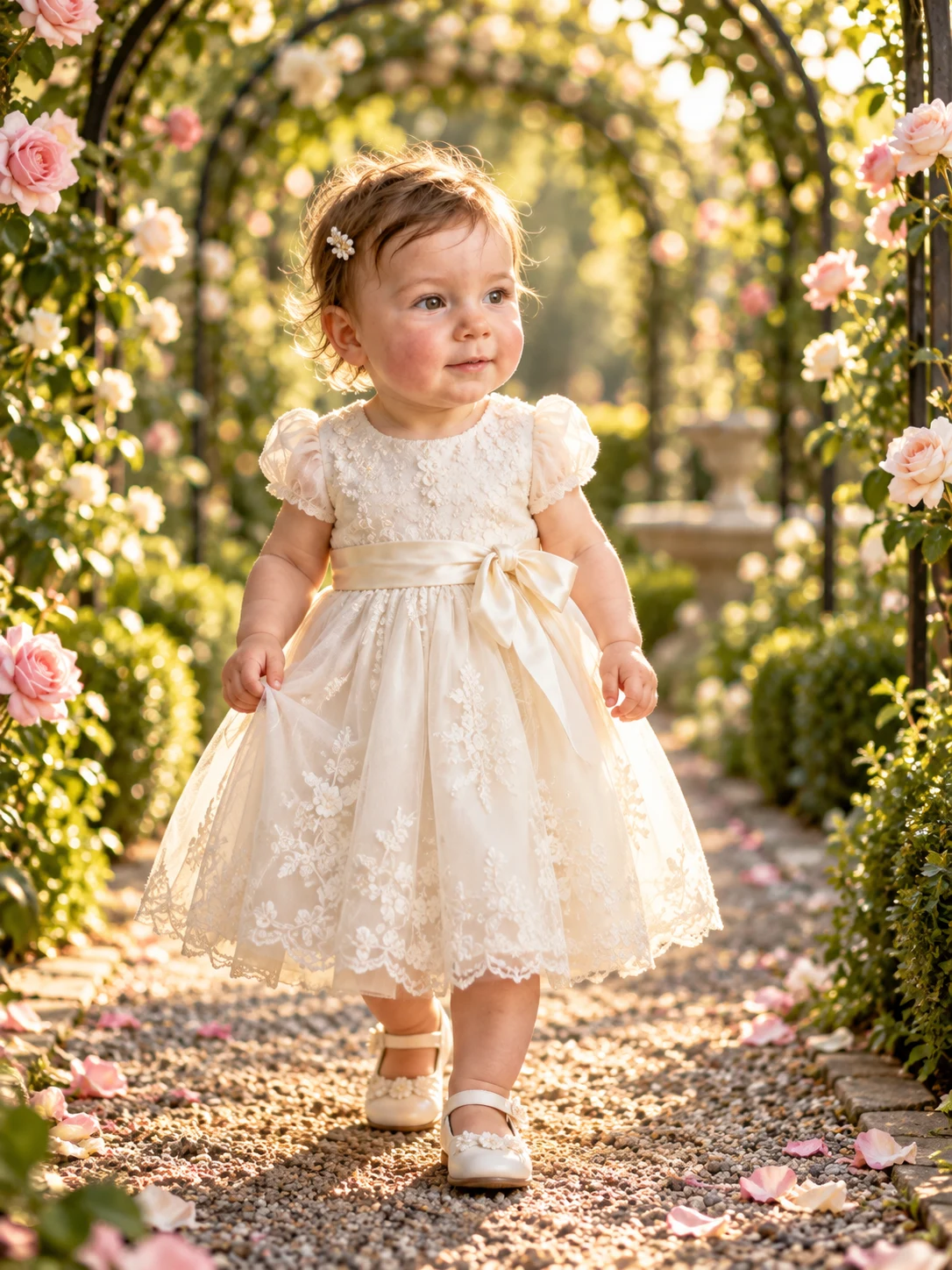 Toddler princess in an ivory dress walking through a rose garden