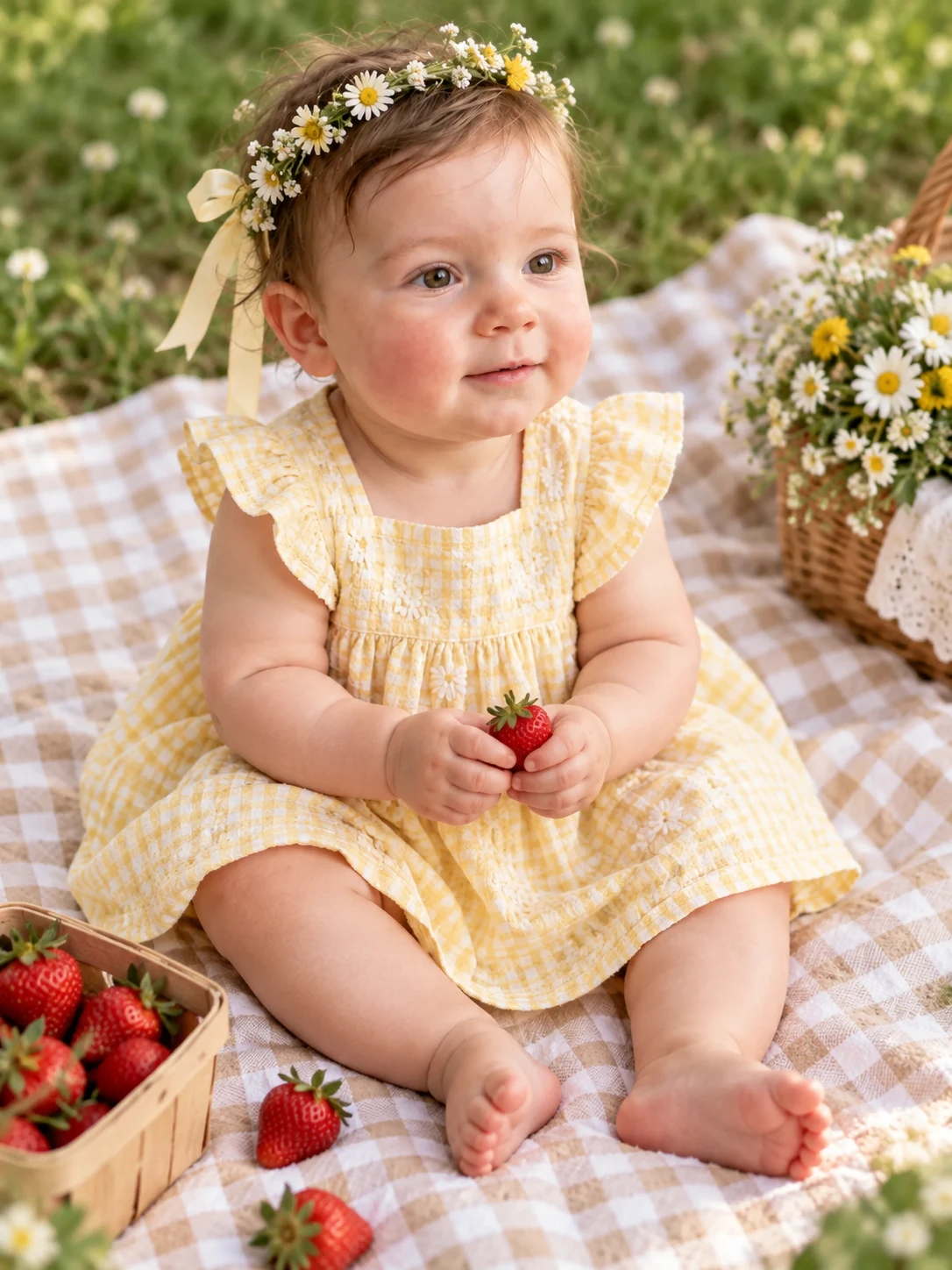 Baby in a pastel yellow dress sitting on a gingham picnic blanket with strawberries