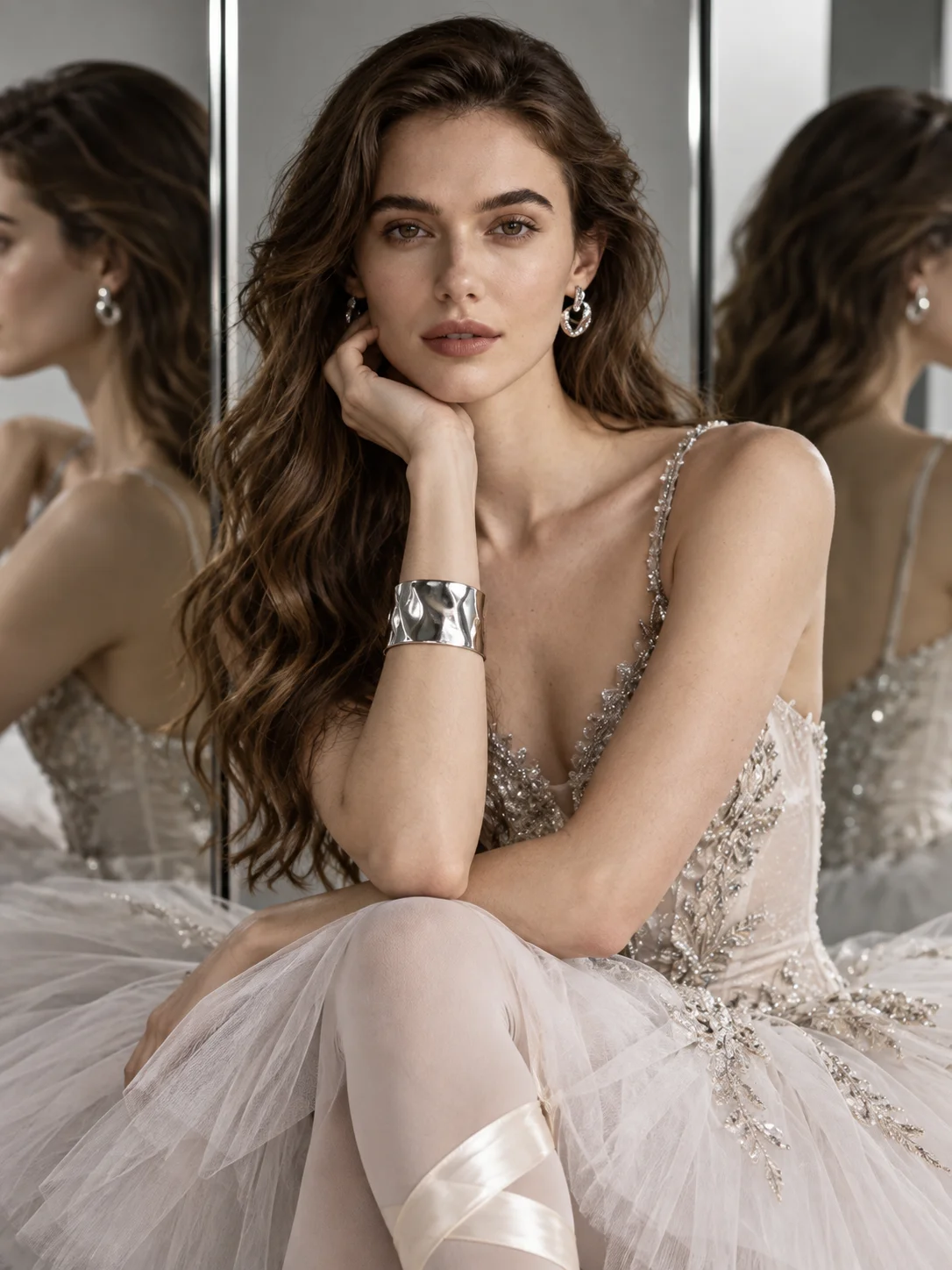 Luxury editorial portrait of an adult ballerina with mirrored reflections