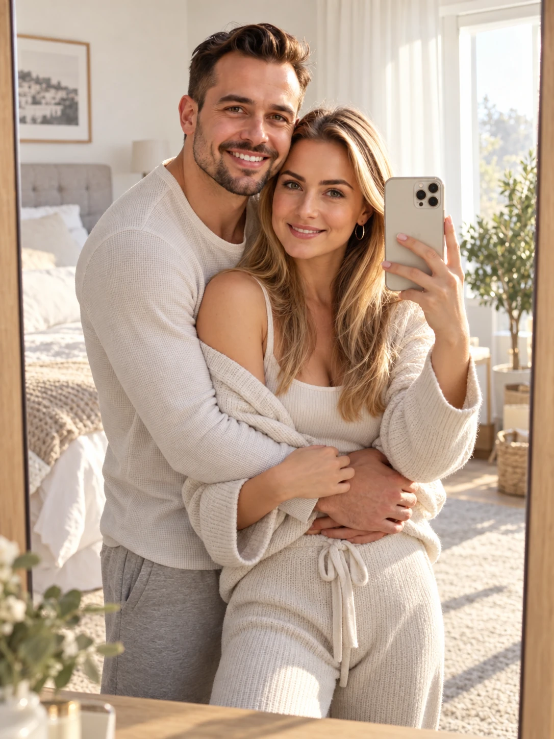 Couple hugging during a bright cozy mirror selfie