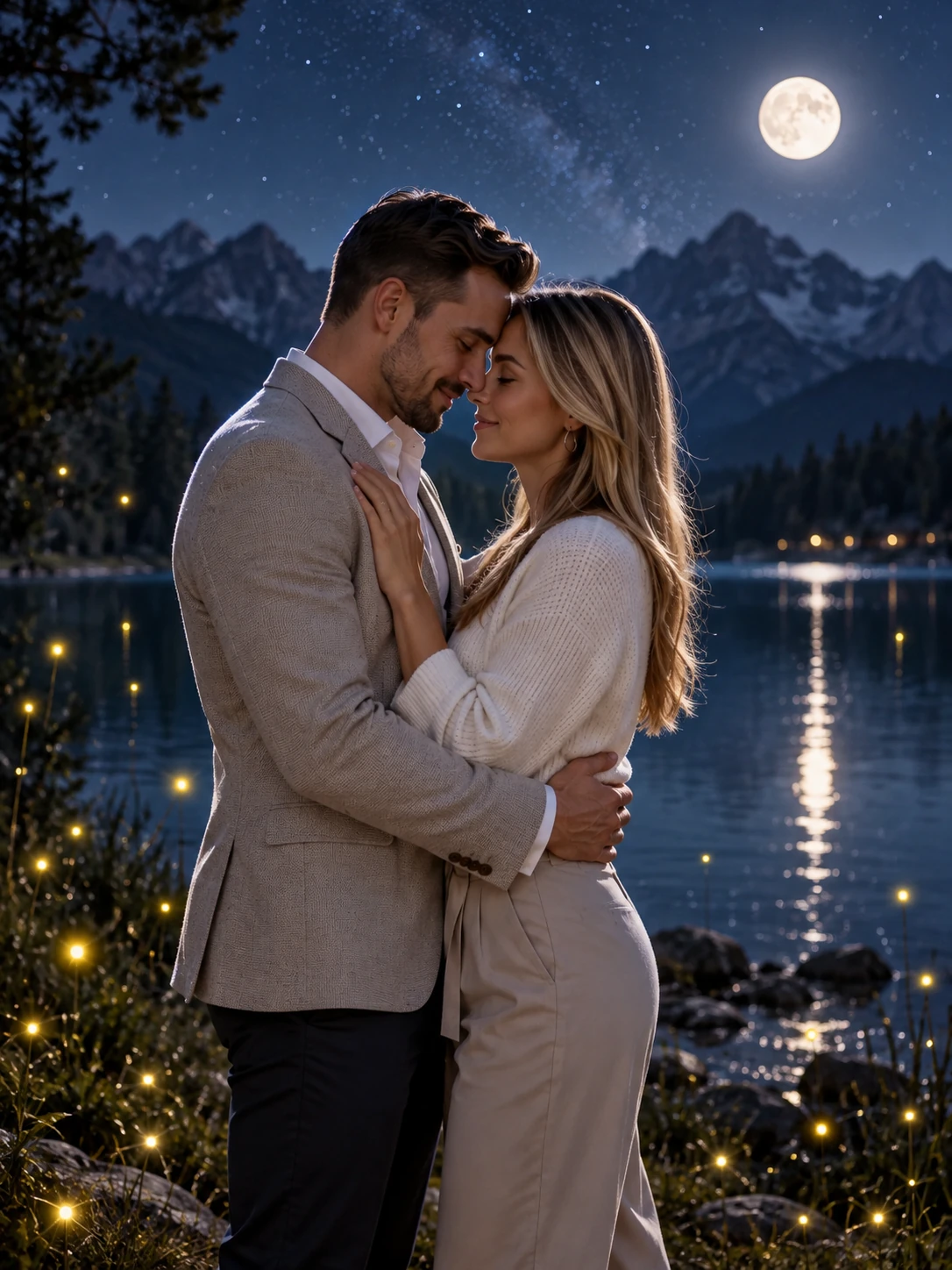Romantic couple beneath a starlit sky beside a mountain lake