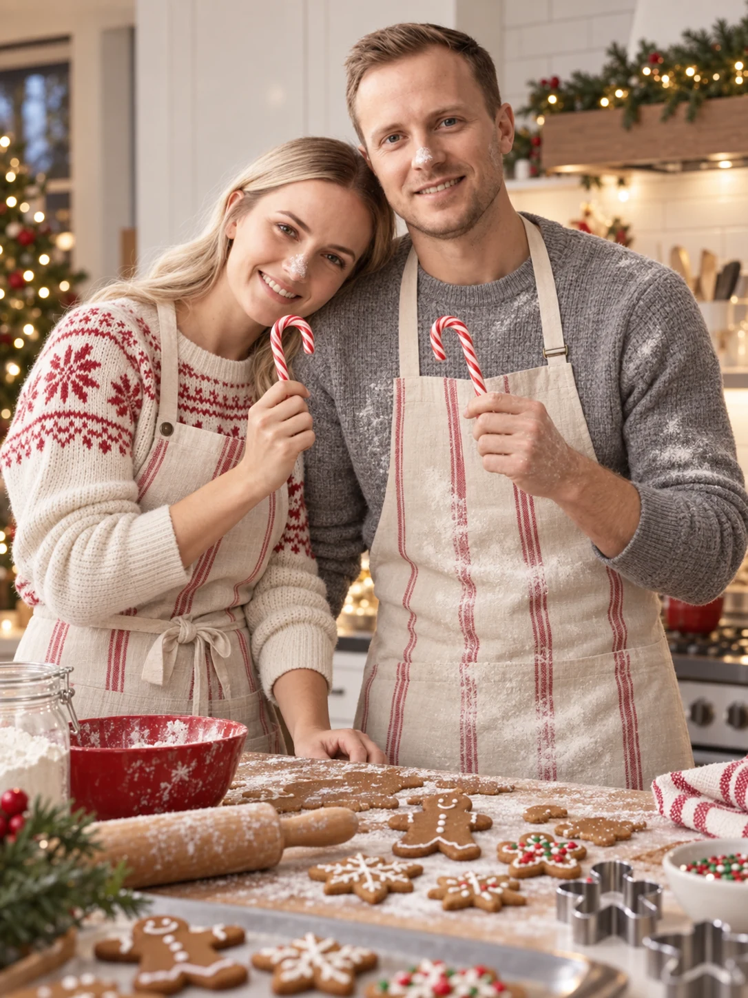 Couple baking gingerbread cookies together in a cozy Christmas kitchen