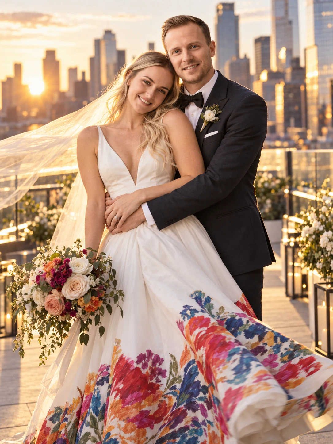 Stylish wedding couple embracing on a luxury rooftop at golden hour