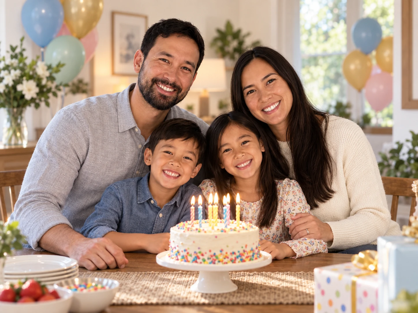 Cheerful family of four celebrating a birthday around a cake