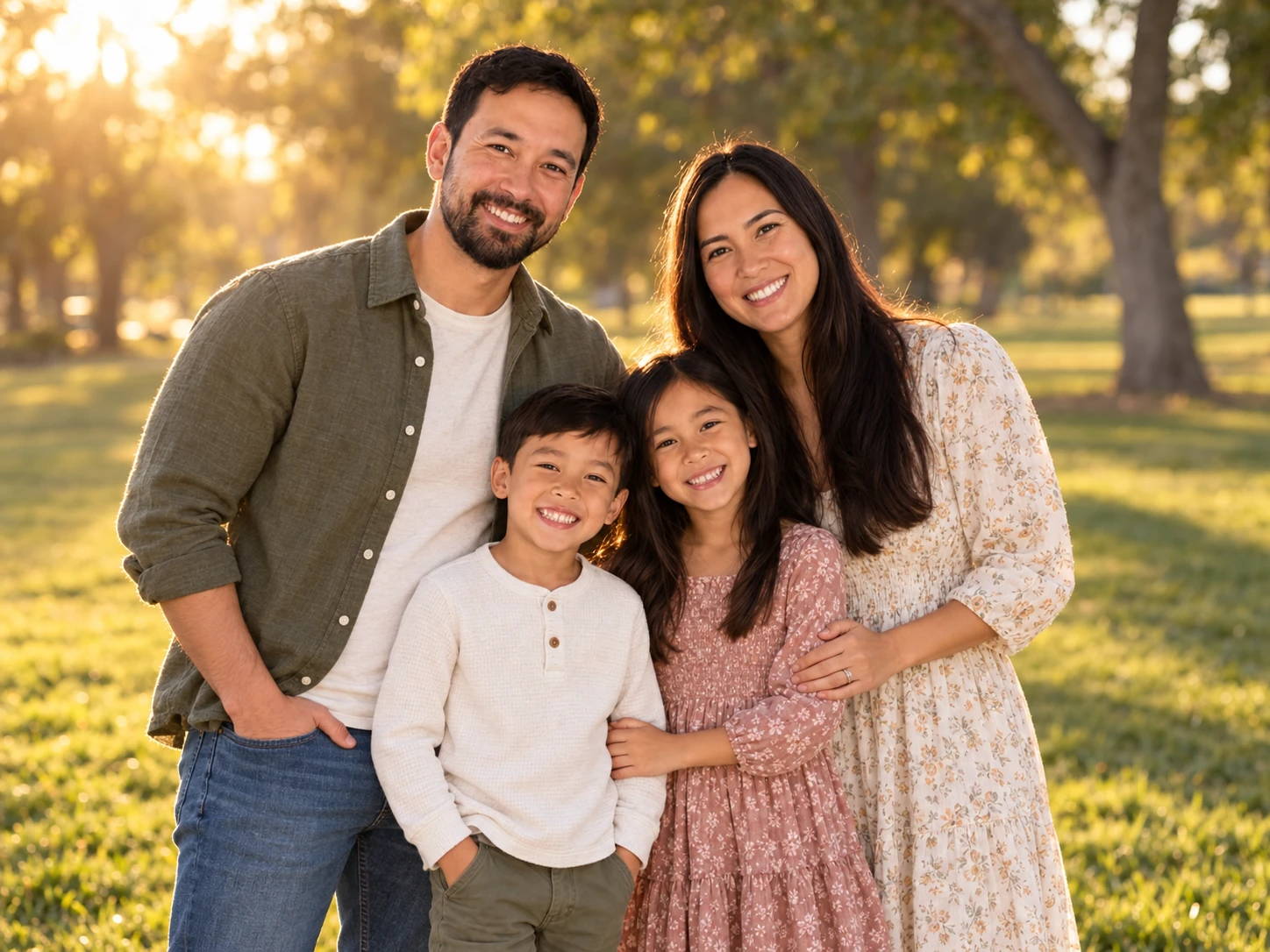 Family of four standing together in a park at golden hour