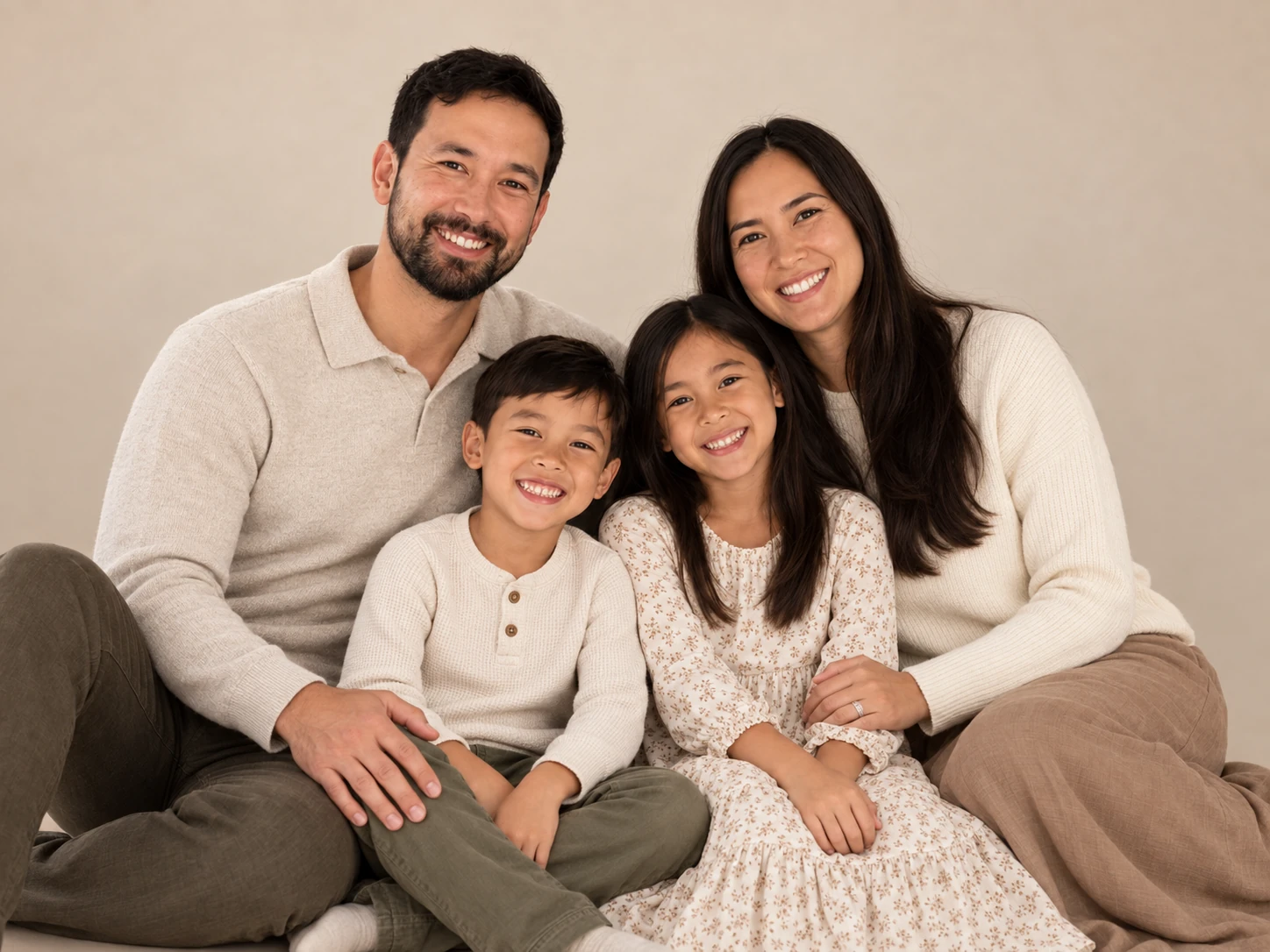 Clean studio portrait of a family of four against a warm beige backdrop