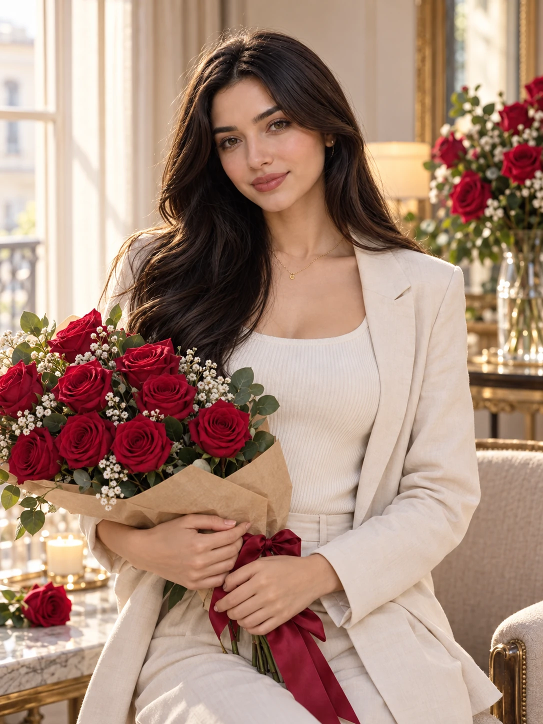 Elegant girl portrait with red rose bouquets and soft window light