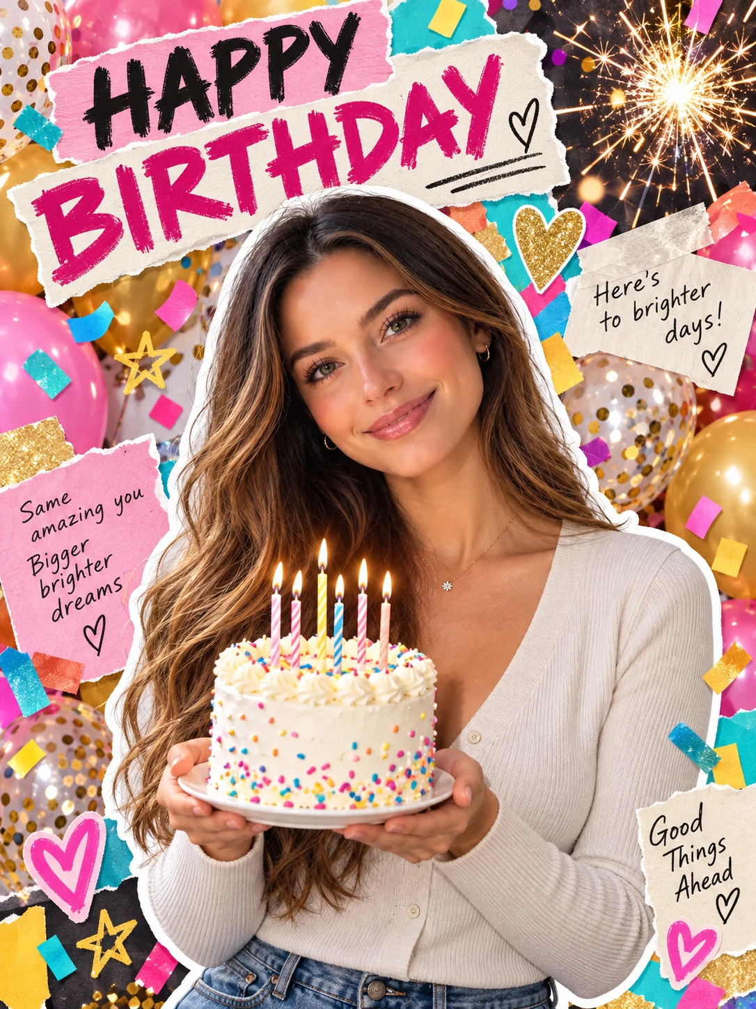 Colorful birthday party collage with a smiling woman holding a cake