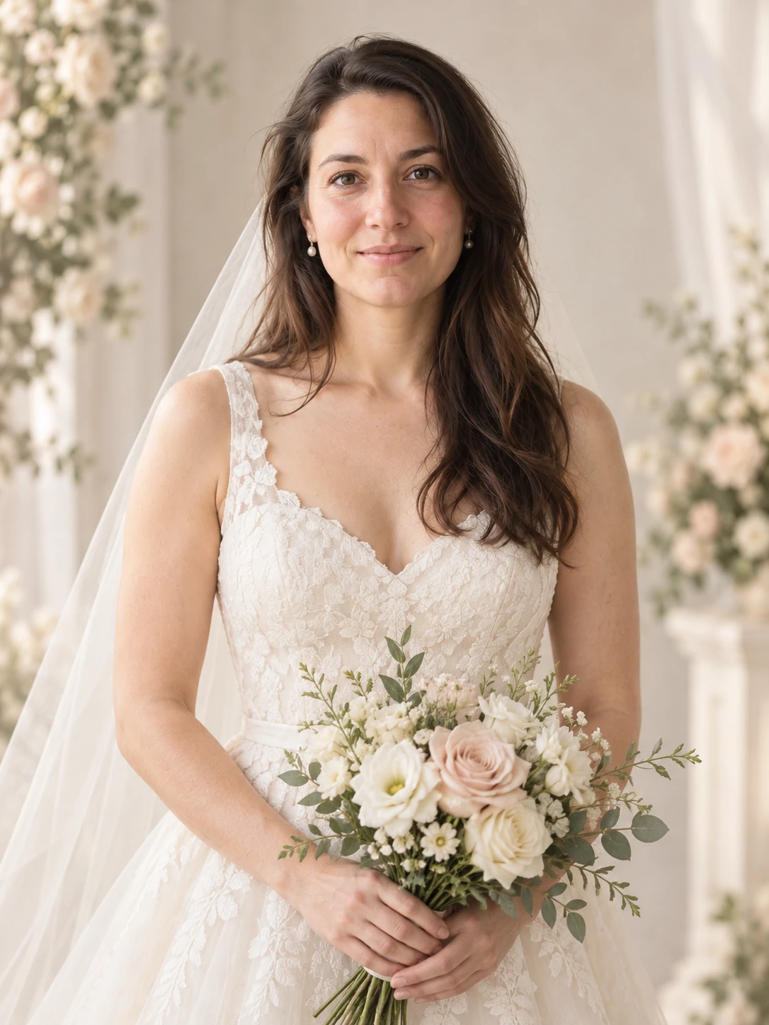 Soft bridal-inspired portrait with an ivory gown and delicate bouquet