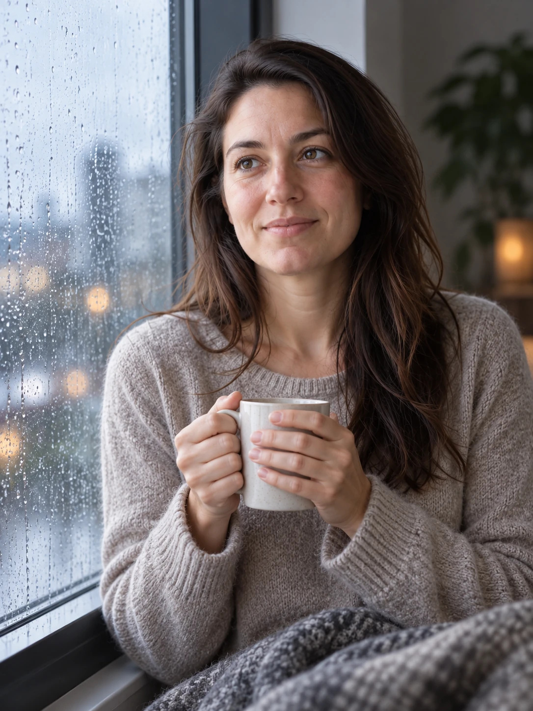 Reflective portrait beside a rain-covered window in soft cool light