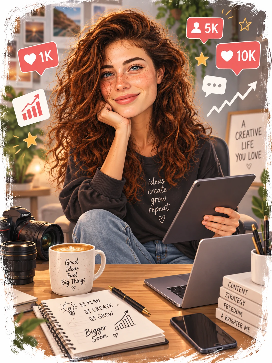Commercial creator caricature with social media counters and a modern workspace