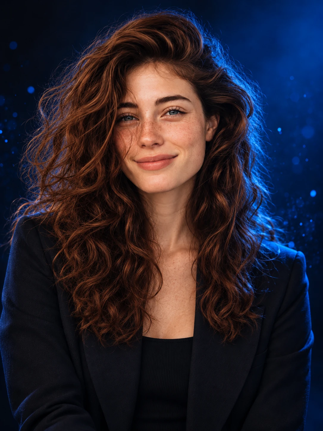 Luxury profile portrait with electric sapphire studio lighting
