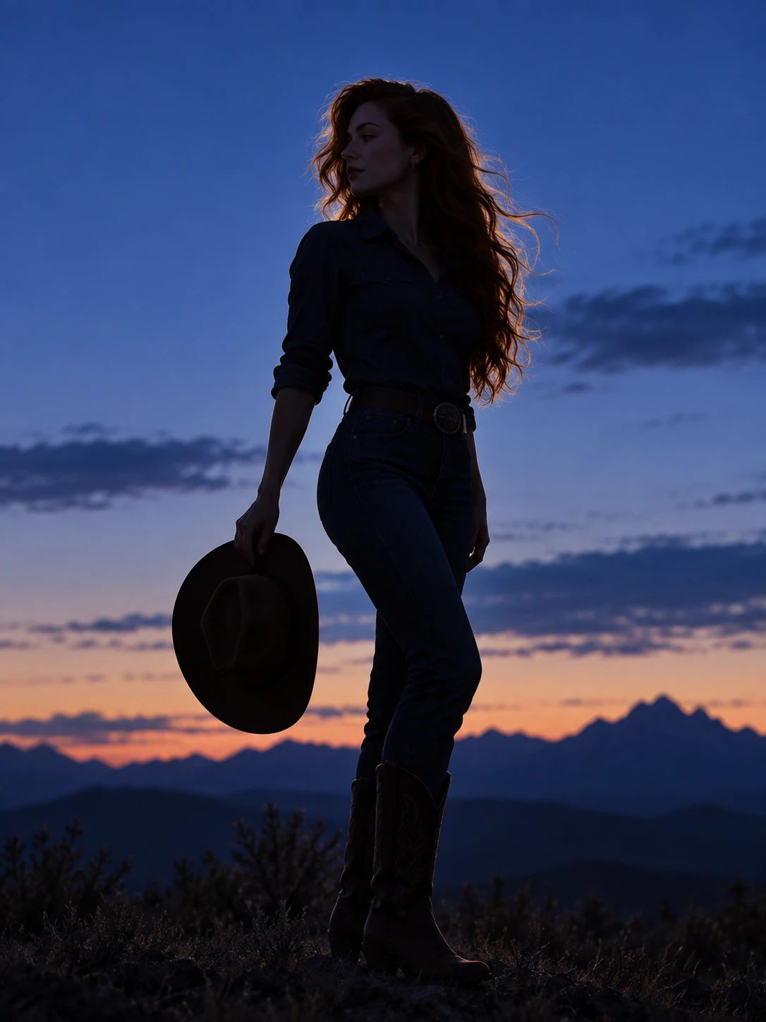 Cowgirl silhouette holding her hat against a blue-hour mountain sky