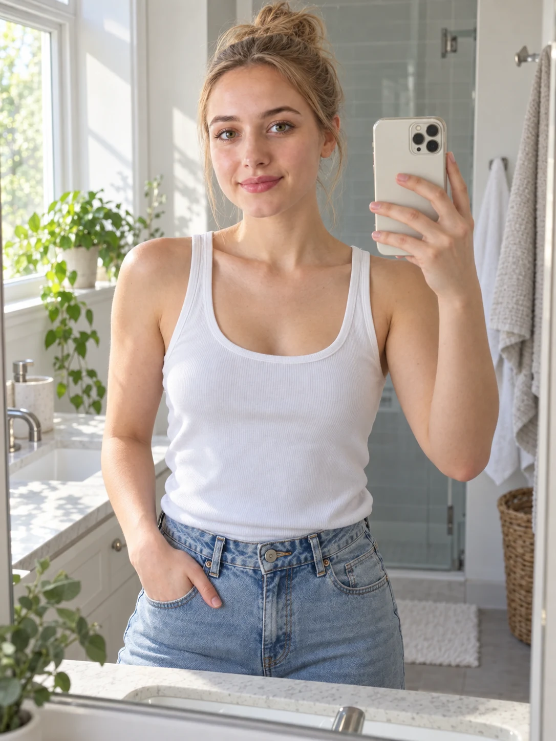 Natural-light bathroom mirror selfie