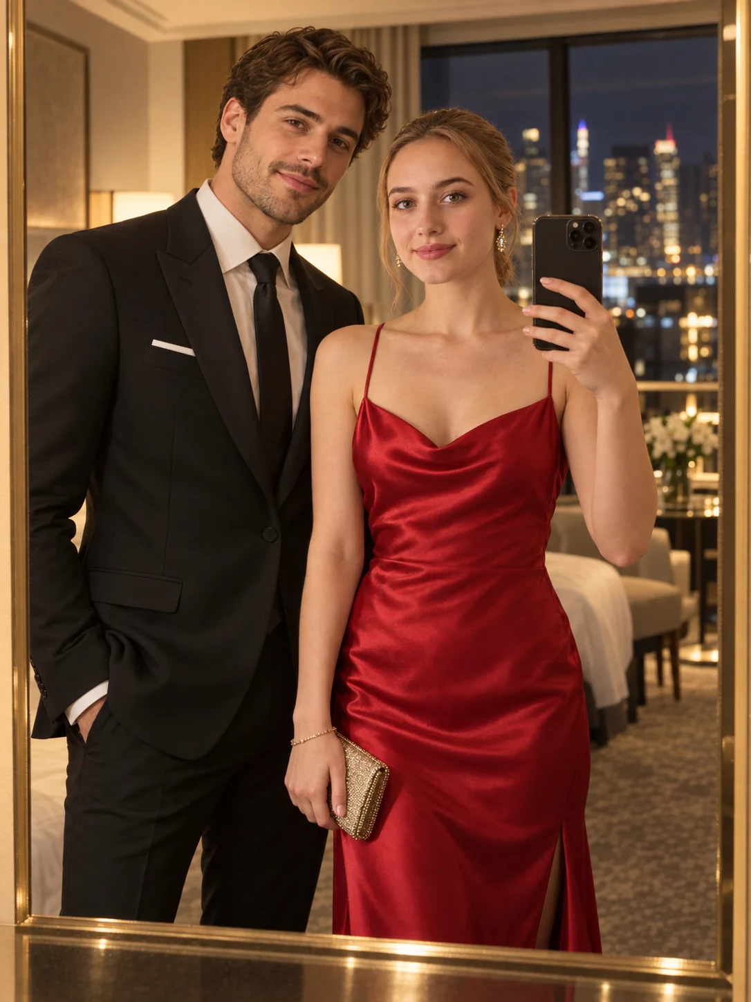 Glamorous evening mirror selfie of a formally dressed couple